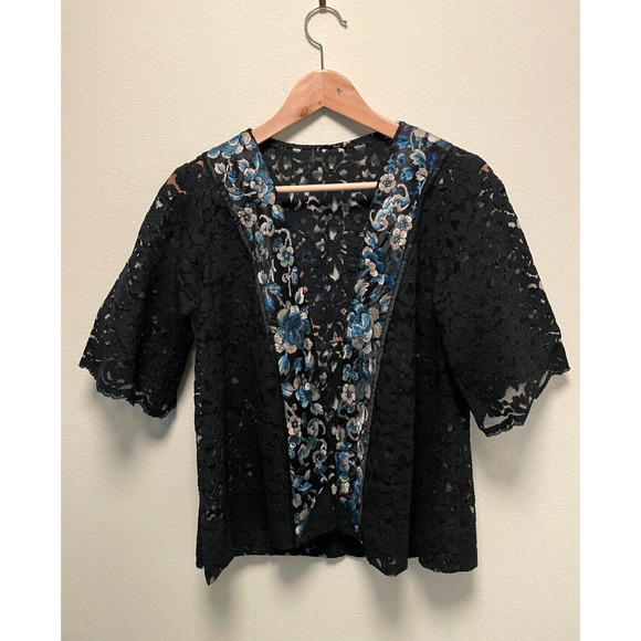 Vintage Handmade Womens Cardigan Medium Black Floral Lace Open Whimsigoth 90s - Picture 1 of 7